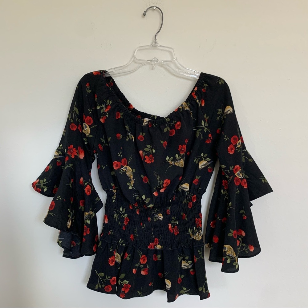 Timing Black Floral Print Smocked Waist Off Shoulder Ruffle Sleeve Peplum Top - Picture 4 of 5